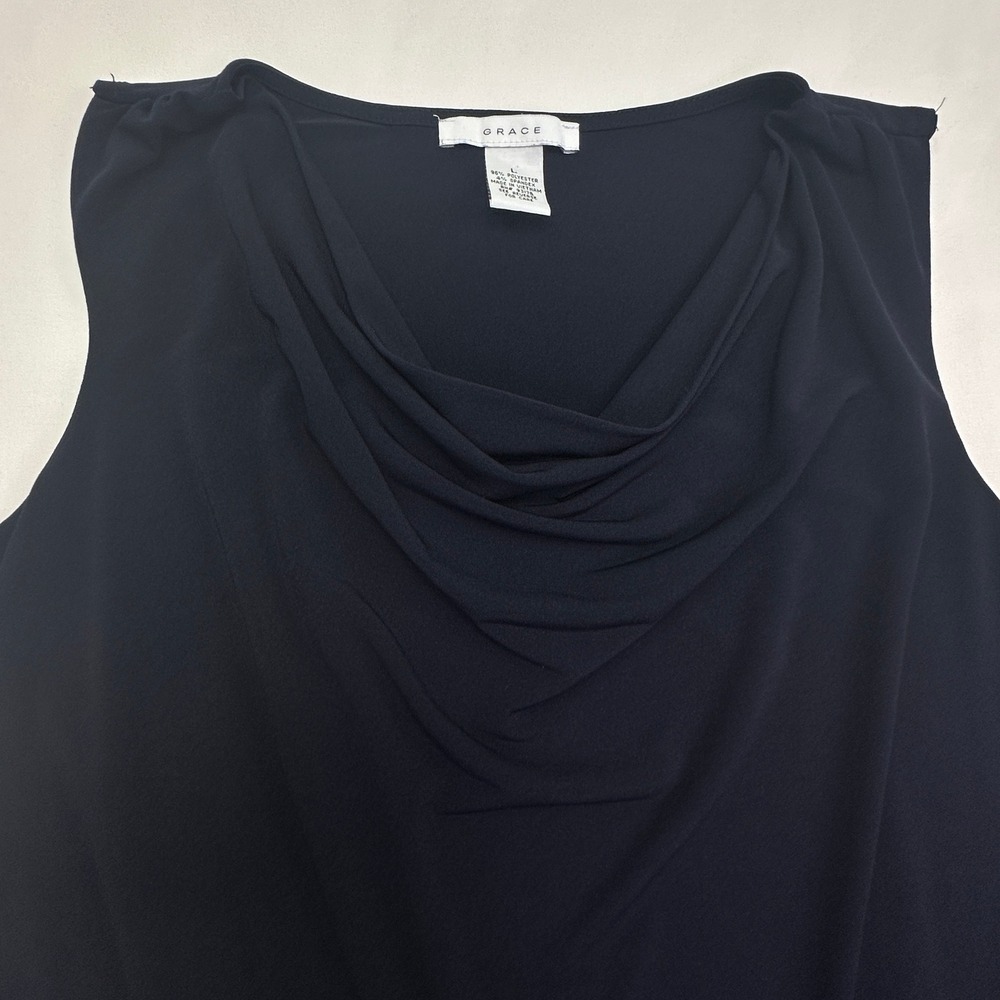Grace‎ Tank Top Navy Blue Cowl Neck Sleeveless Stretch Blouse Workwear Classic